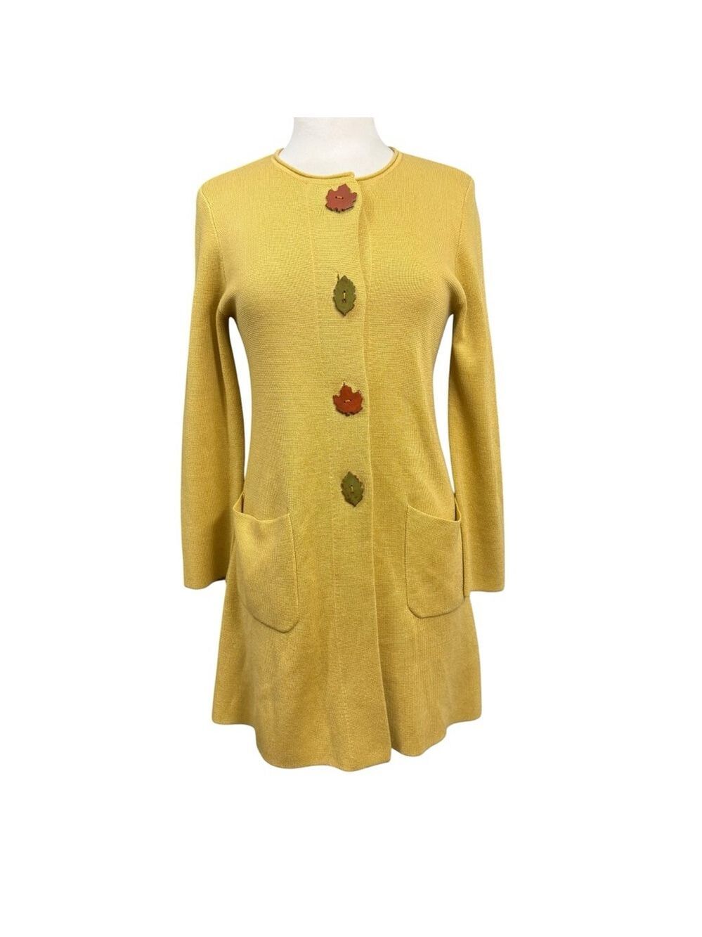 Kasper Mustard Yellow‎ Wool Blend Cardigan Jacket S Leaf Buttons